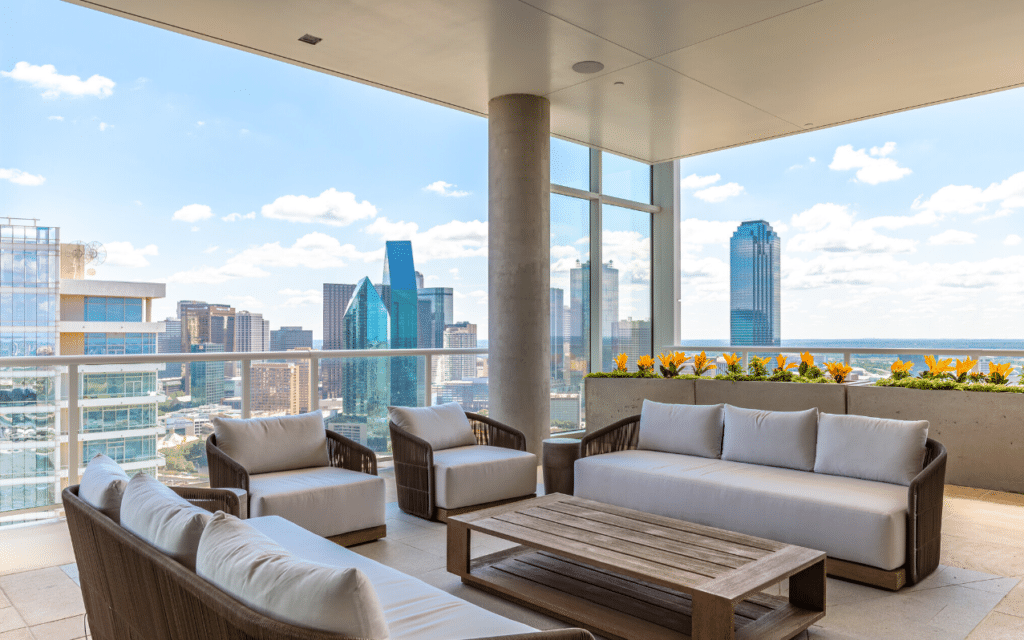 Luxury multifamily rooftop lounge with cushioned seating, wood coffee table, and panoramic city skyline views.