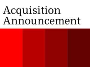 Acquisition Announcement graphic with bold red gradient blocks symbolizing corporate merger and business growth