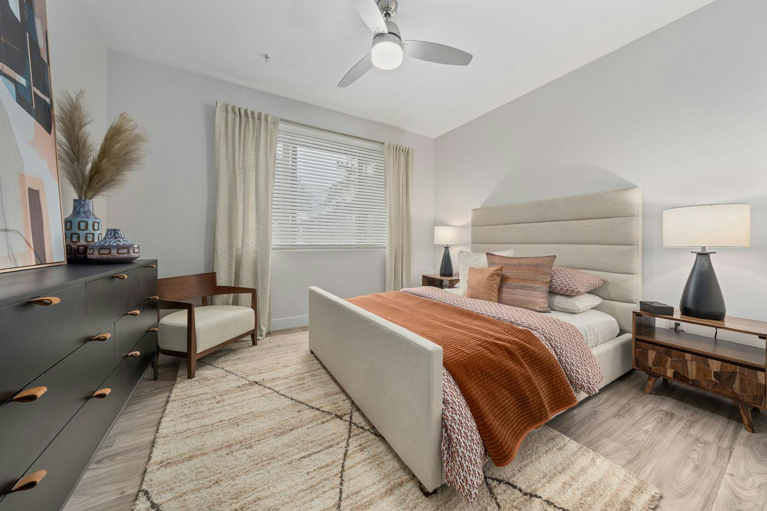 Modern apartment bedroom renovation with contemporary furnishings in Gilbert, AZ