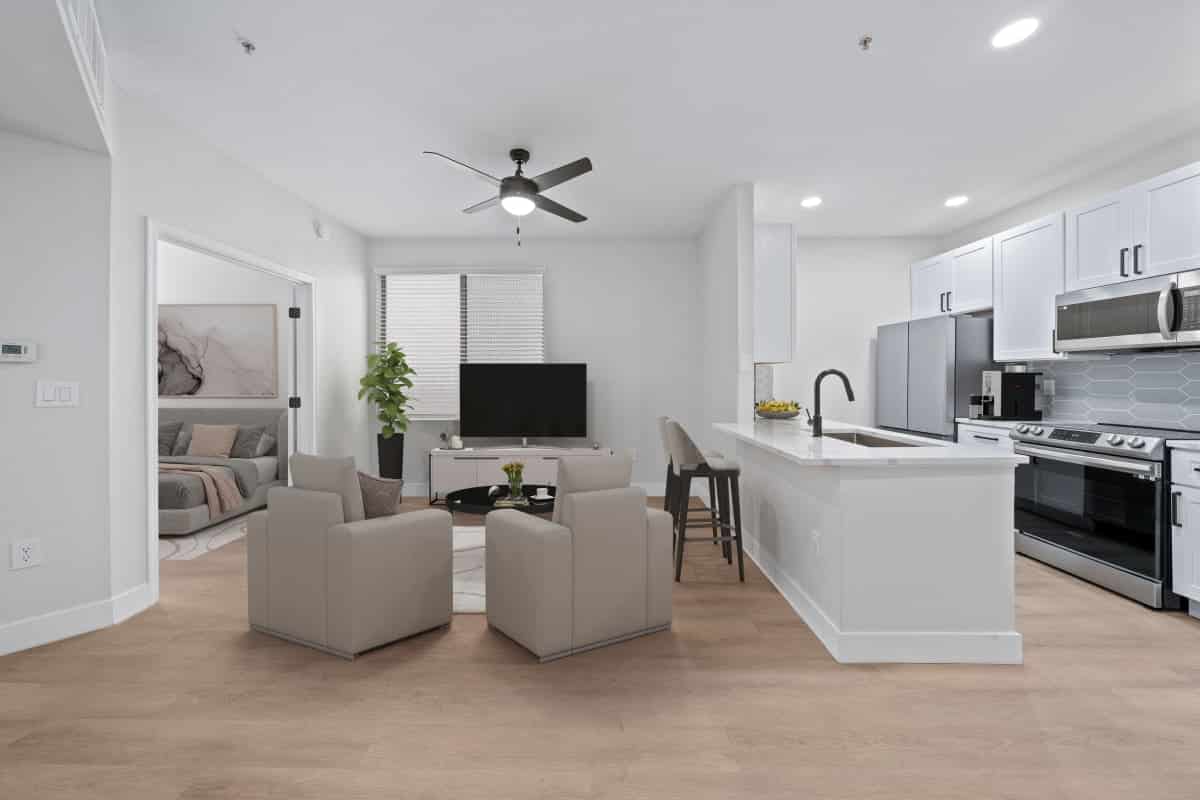 Open-concept apartment living room and kitchen renovation in Phoenix, AZ