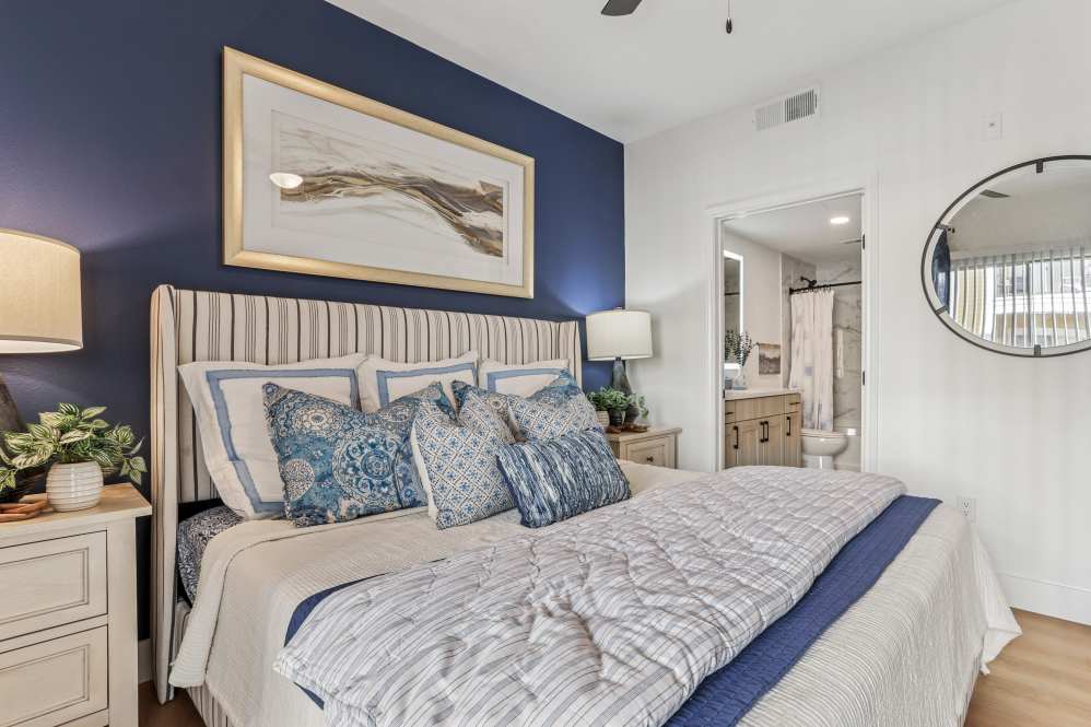 Stylish apartment bedroom interior renovation at Flatiron District apartments